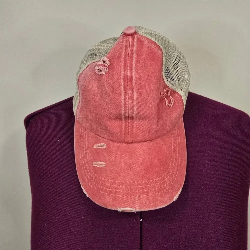 Women's Washed Denim with Crossed Elastic Band Mesh Pony Cap